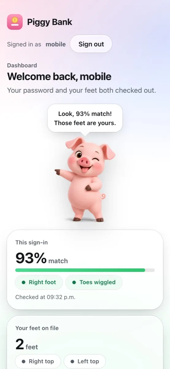 Piggy Bank, the demo app, after sign-in: the pig points at a card that says Right foot and Toes wiggled.