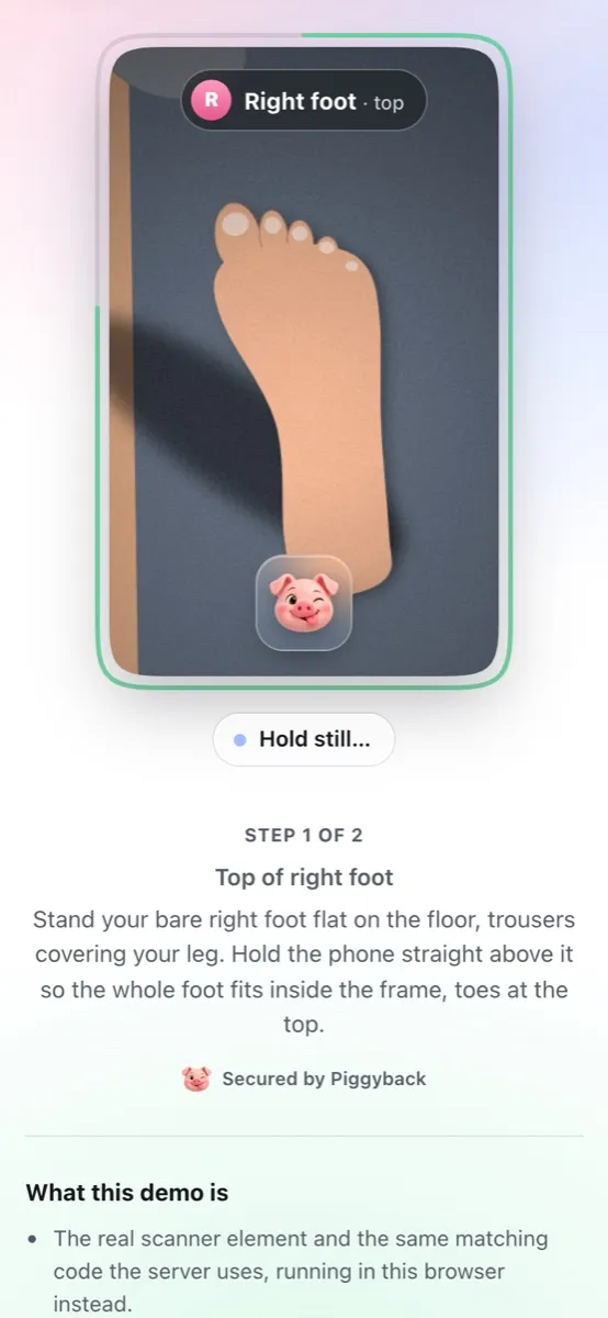 The scanner on a phone: a right foot inside a phone-shaped lens, the green line filling around it, and the status Hold still.