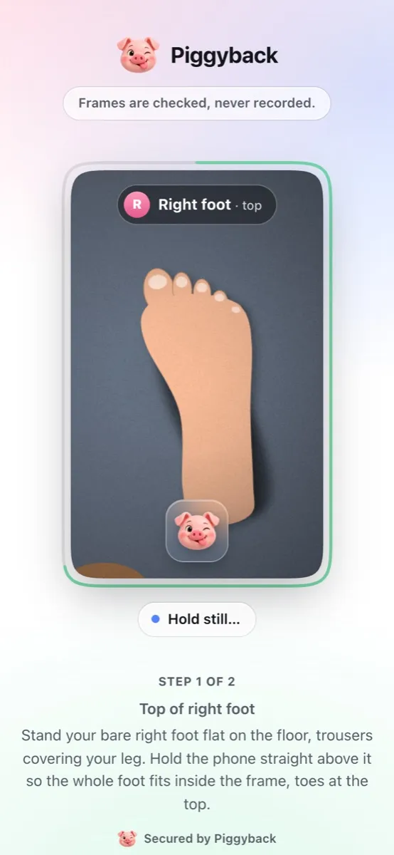 The hosted scan page on a phone, with the tagline Frames are checked, never recorded, above the lens and a right foot inside it.